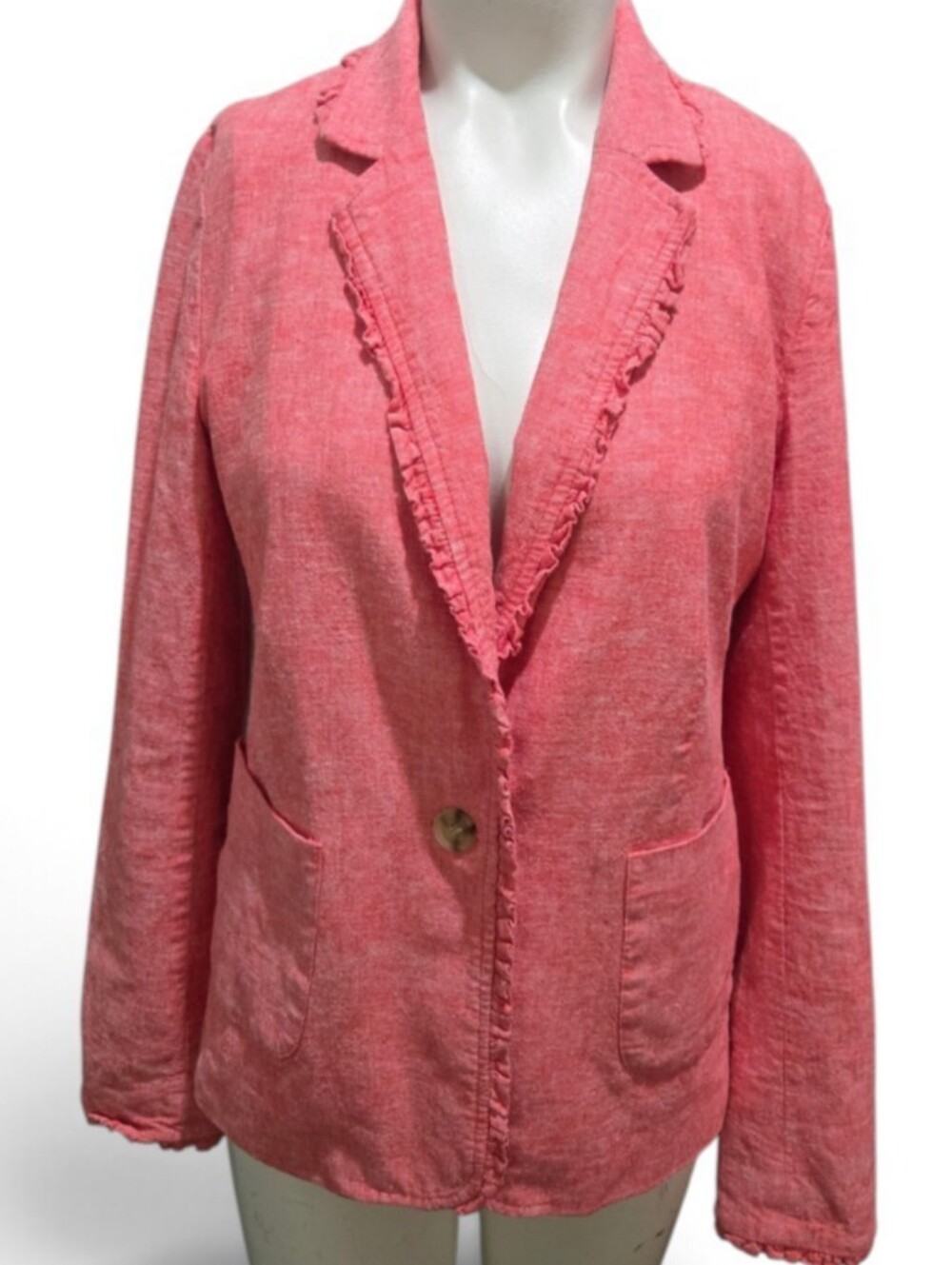 Crown & Ivy Coral Pink Linen Blend Ruffle Trim Blazer Jacket Size 2